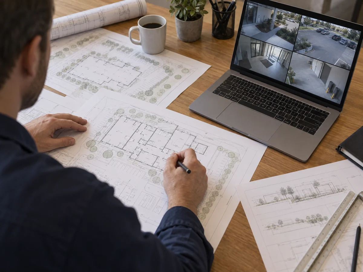 Illustrative project planning scene with floor plans and a security monitoring screen