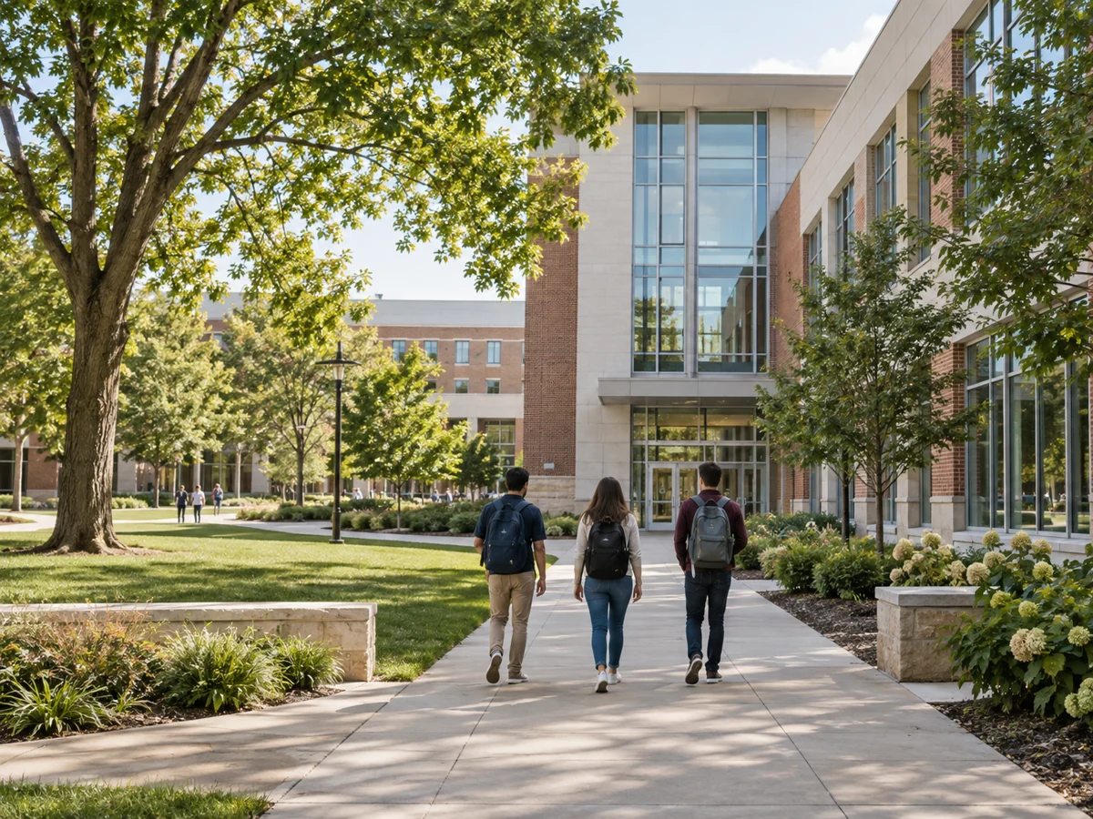 Illustrative campus walkway leading to an educational building