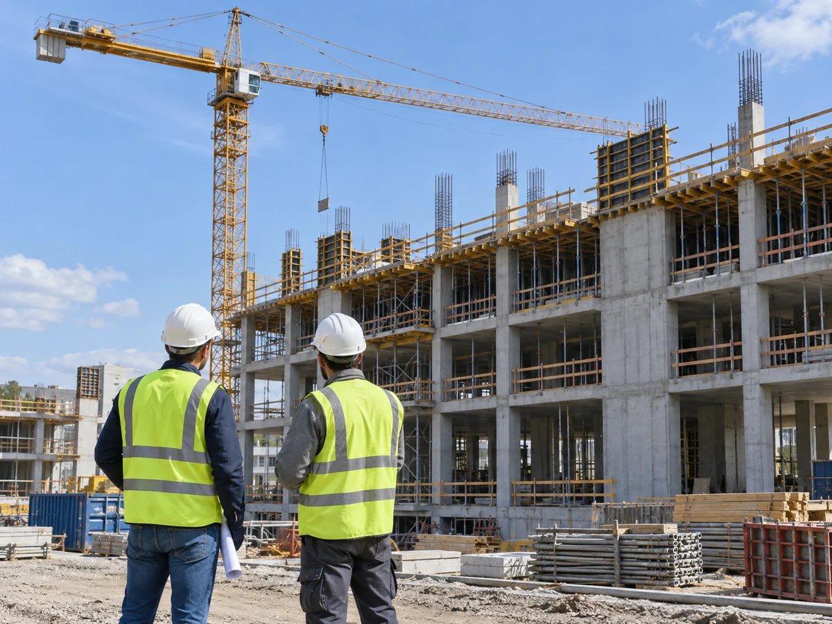 Illustrative active construction site with workers in safety clothing and a tower crane