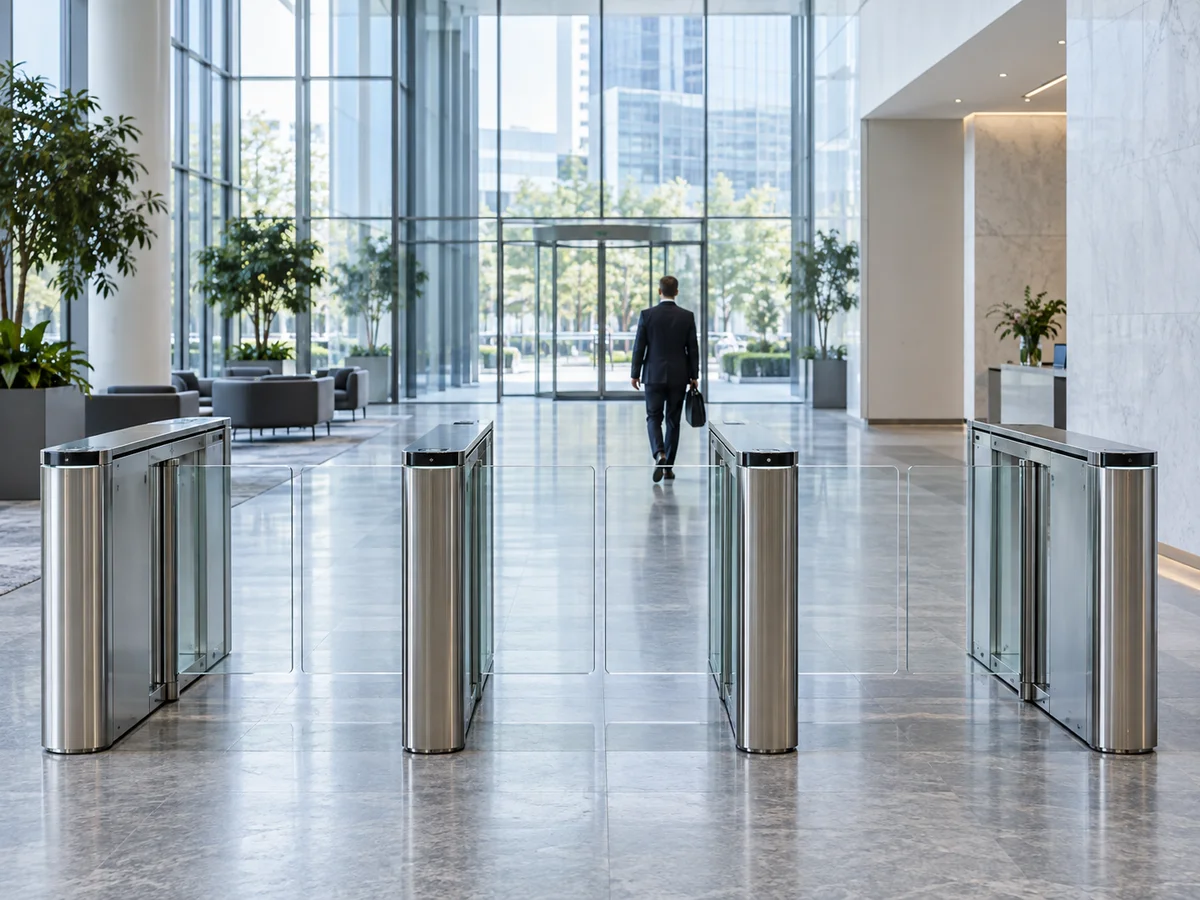 Illustrative modern office lobby with glass entrances and access turnstiles