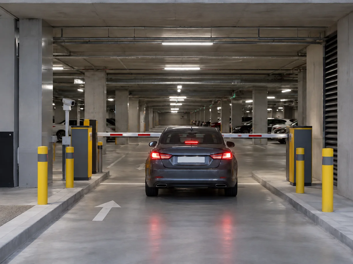 Illustrative covered car park entrance with a vehicle and barrier gate