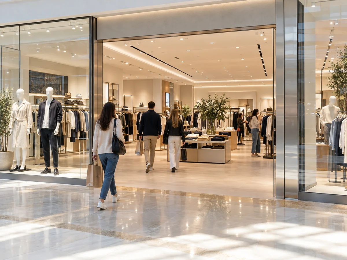 Illustrative modern retail entrance with shoppers and clothing displays