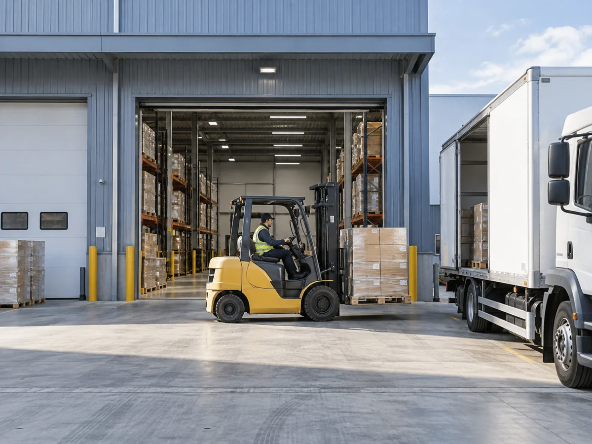 Illustrative warehouse loading dock with pallets, a forklift and a delivery truck